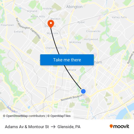 Adams Av & Montour St to Glenside, PA map
