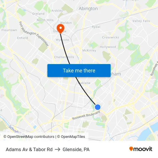 Adams Av & Tabor Rd to Glenside, PA map