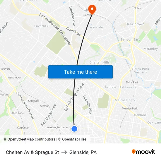 Chelten Av & Sprague St to Glenside, PA map