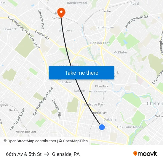 66th Av & 5th St to Glenside, PA map