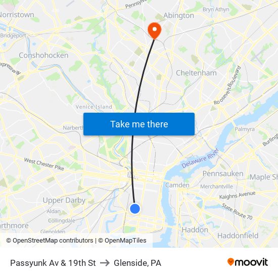 Passyunk Av & 19th St to Glenside, PA map