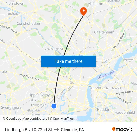 Lindbergh Blvd & 72nd St to Glenside, PA map