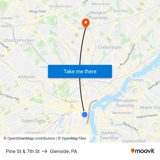 Pine St & 7th St to Glenside, PA map