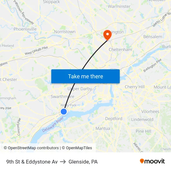 9th St & Eddystone Av to Glenside, PA map