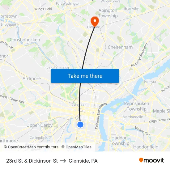 23rd St & Dickinson St to Glenside, PA map