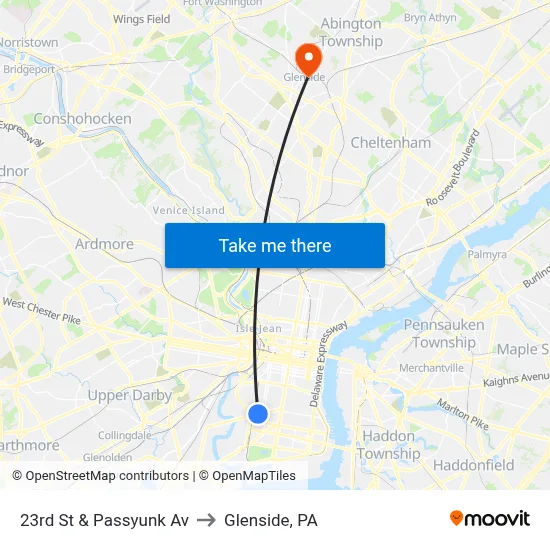 23rd St & Passyunk Av to Glenside, PA map