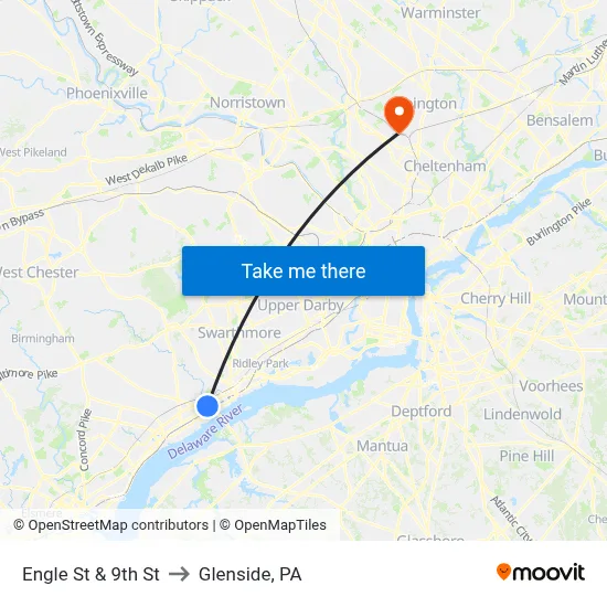 Engle St & 9th St to Glenside, PA map