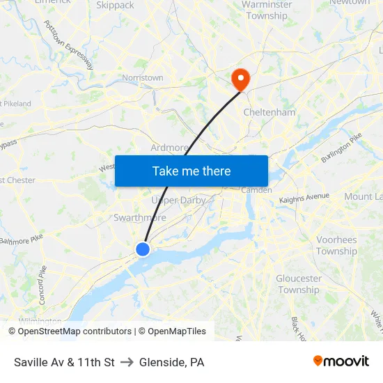 Saville Av & 11th St to Glenside, PA map