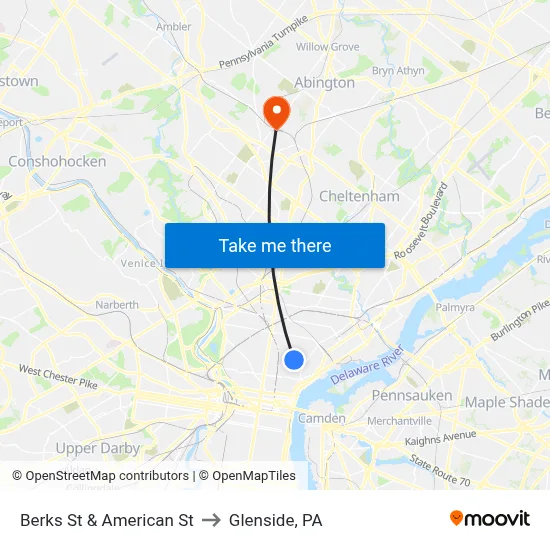 Berks St & American St to Glenside, PA map