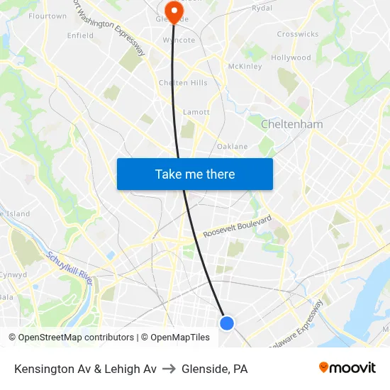Kensington Av & Lehigh Av to Glenside, PA map