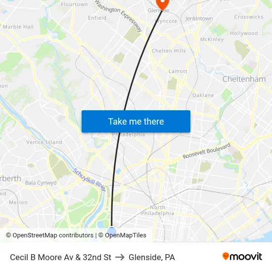 Cecil B Moore Av & 32nd St to Glenside, PA map