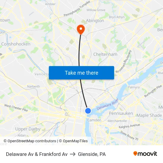 Delaware Av & Frankford Av to Glenside, PA map