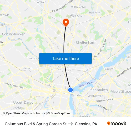 Columbus Blvd & Spring Garden St to Glenside, PA map