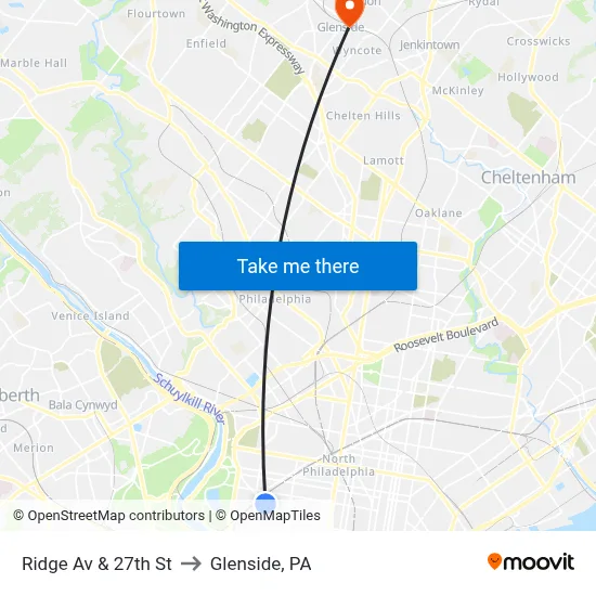 Ridge Av & 27th St to Glenside, PA map