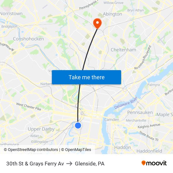 30th St & Grays Ferry Av to Glenside, PA map