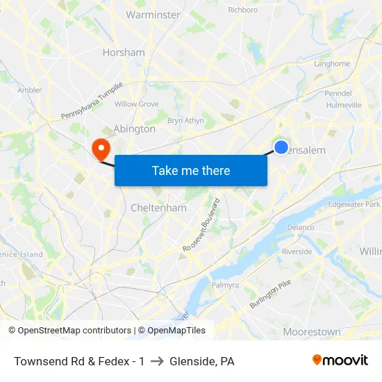 Townsend Rd & Fedex - 1 to Glenside, PA map