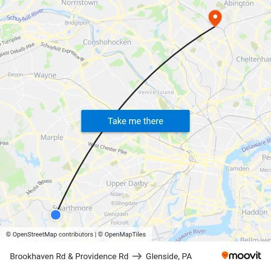 Brookhaven Rd & Providence Rd to Glenside, PA map