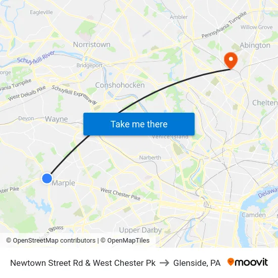 Newtown Street Rd & West Chester Pk to Glenside, PA map