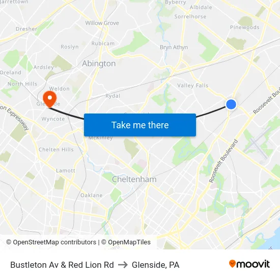 Bustleton Av & Red Lion Rd to Glenside, PA map