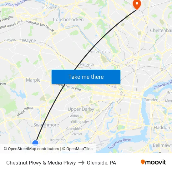 Chestnut Pkwy & Media Pkwy to Glenside, PA map