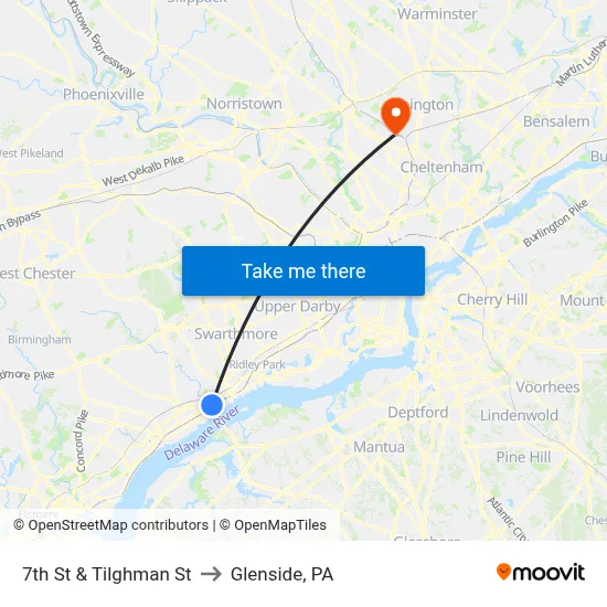 7th St & Tilghman St to Glenside, PA map