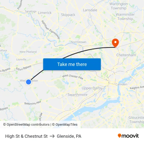 High St & Chestnut St to Glenside, PA map