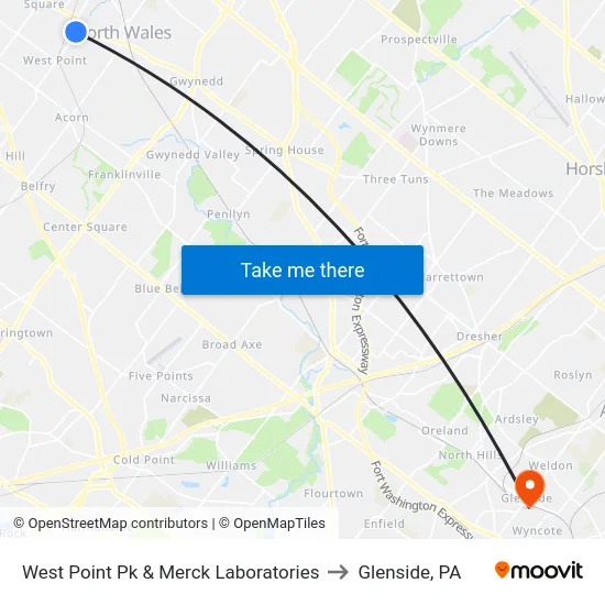 West Point Pk & Merck Laboratories to Glenside, PA map