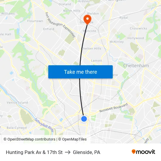 Hunting Park Av & 17th St to Glenside, PA map