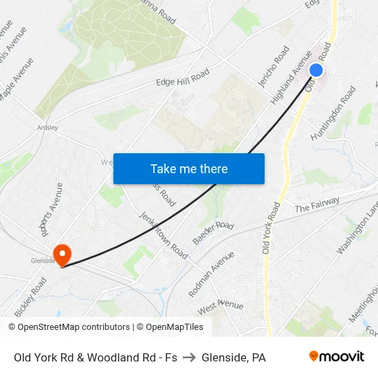 Old York Rd & Woodland Rd - Fs to Glenside, PA map