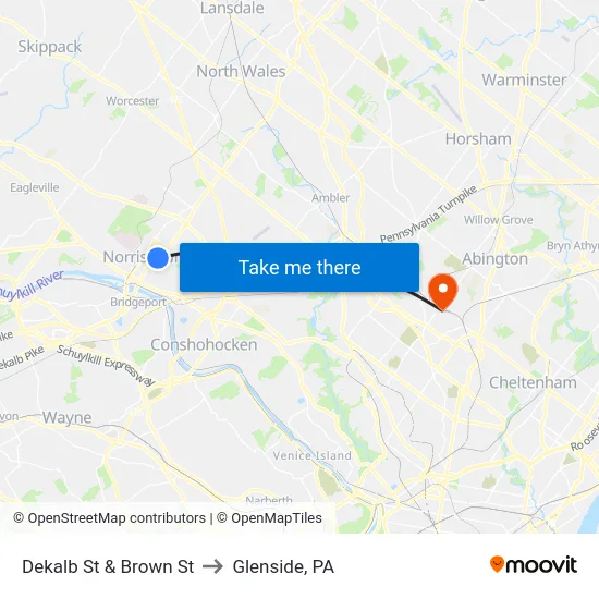 Dekalb St & Brown St to Glenside, PA map