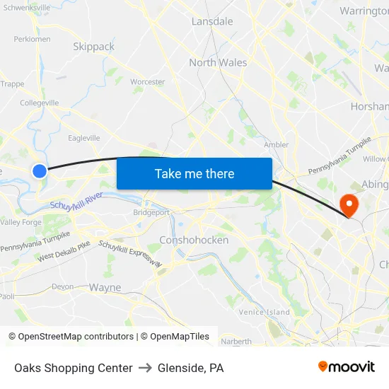Oaks Shopping Center to Glenside, PA map