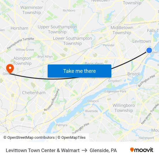 Levittown Town Center & Walmart to Glenside, PA map