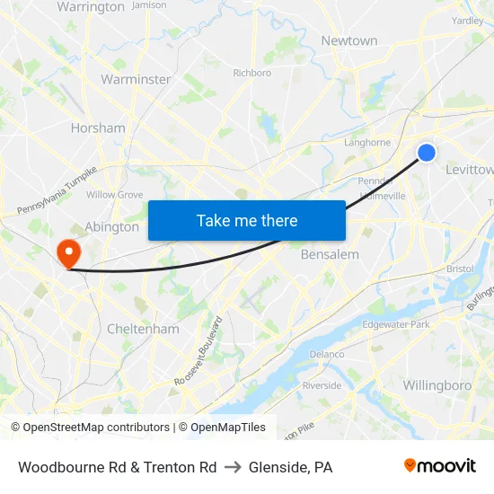 Woodbourne Rd & Trenton Rd to Glenside, PA map