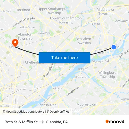 Bath St & Mifflin St to Glenside, PA map