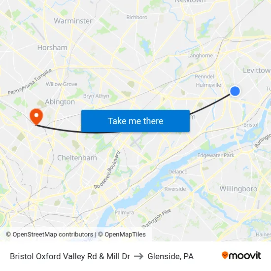 Bristol Oxford Valley Rd & Mill Dr to Glenside, PA map