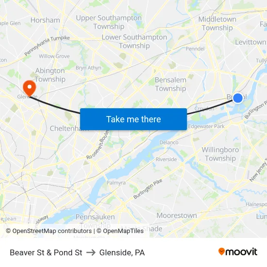 Beaver St & Pond St to Glenside, PA map