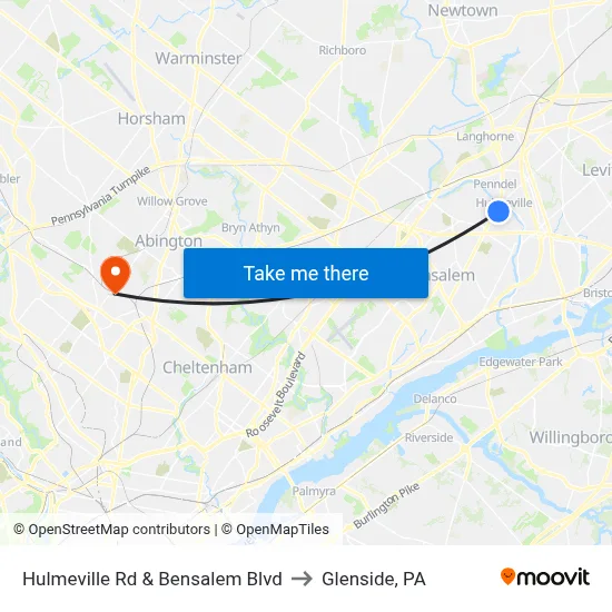 Hulmeville Rd & Bensalem Blvd to Glenside, PA map