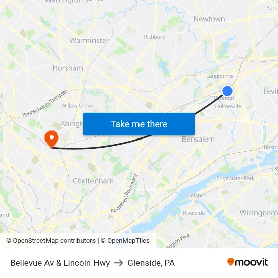 Bellevue Av & Lincoln Hwy to Glenside, PA map