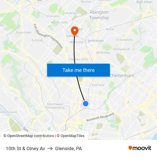 10th St & Olney Av to Glenside, PA map
