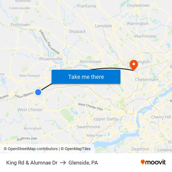 King Rd & Alumnae Dr to Glenside, PA map