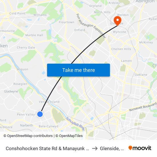 Conshohocken State Rd & Manayunk Rd to Glenside, PA map