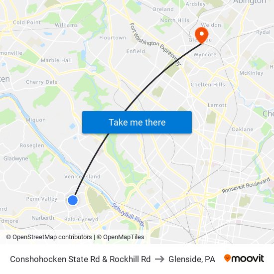 Conshohocken State Rd & Rockhill Rd to Glenside, PA map