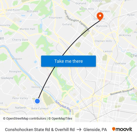 Conshohocken State Rd & Overhill Rd to Glenside, PA map