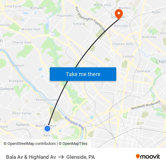 Bala Av & Highland Av to Glenside, PA map