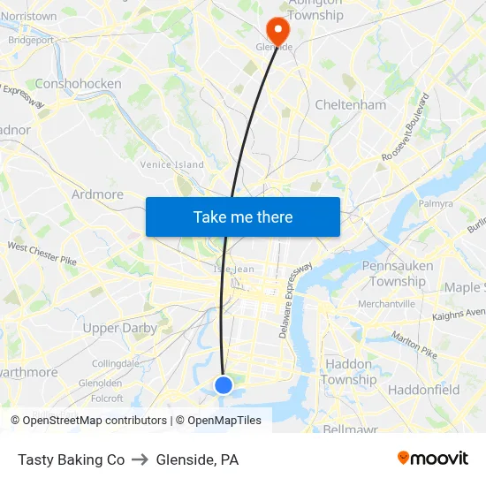 Tasty Baking Co to Glenside, PA map