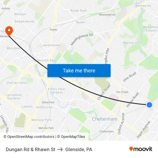 Dungan Rd & Rhawn St to Glenside, PA map
