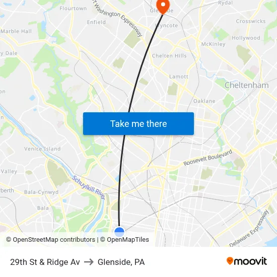 29th St & Ridge Av to Glenside, PA map
