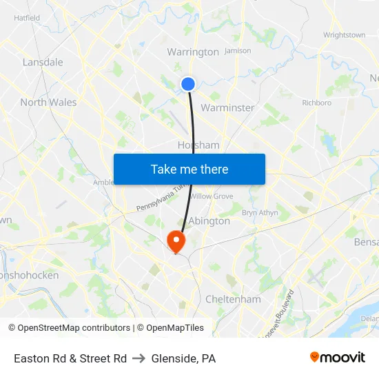 Easton Rd & Street Rd to Glenside, PA map