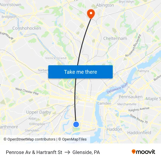 Penrose Av & Hartranft St to Glenside, PA map