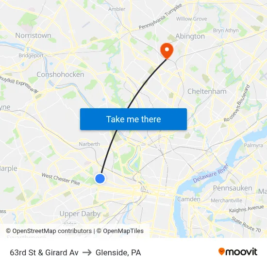 63rd St & Girard Av to Glenside, PA map